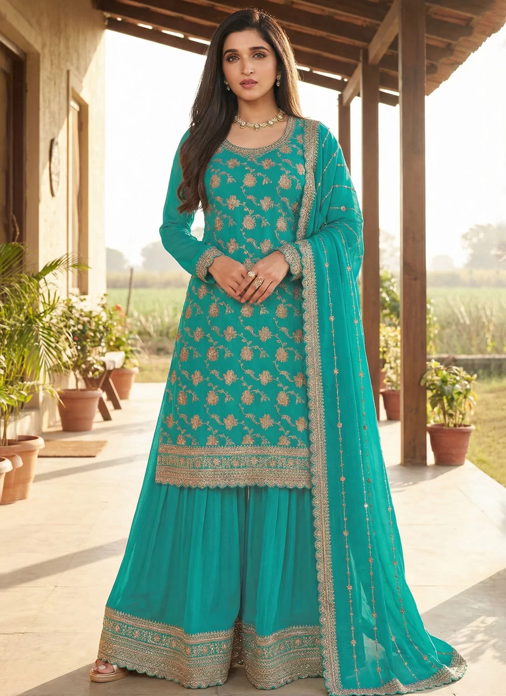 Turquoise Chinon Embroidered Work Salwar Suit